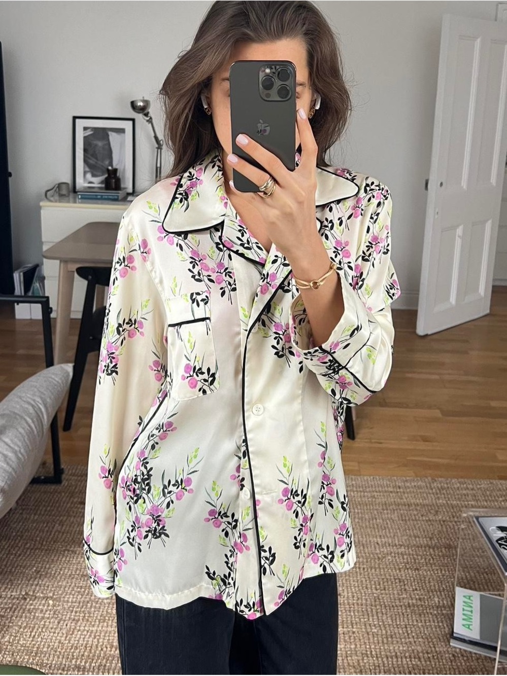 Zara Cream Floral Button-Down Shirt with Black Piping